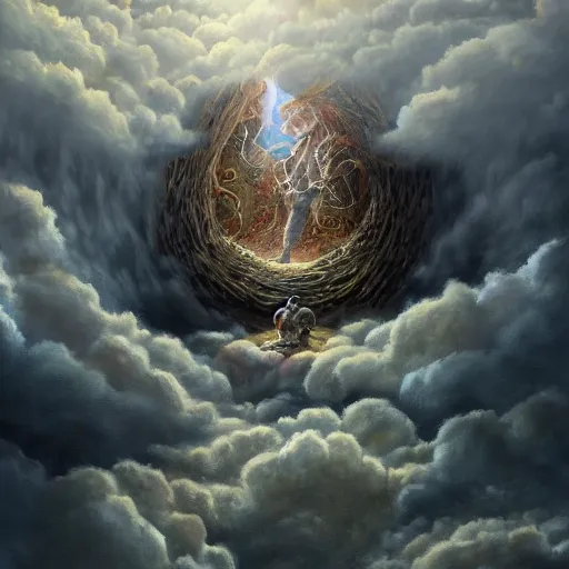 Prompt: a detailed mate painting of god looking down on earth through a hole in the clouds'by stephanie law, existential horror, trending on cgsociety artstation, highly detailed, 8 k, masterpiece, super resolution.