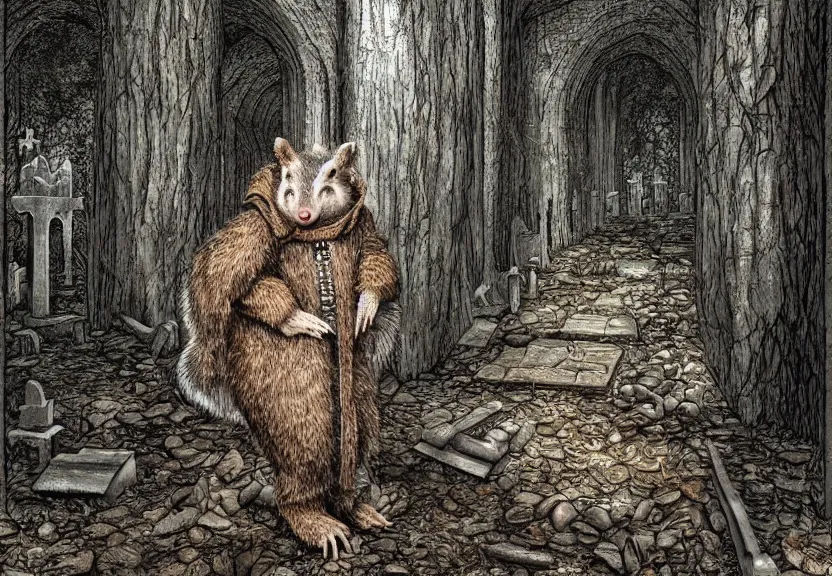 Image similar to big possum dressed like a monk at a scary medieval cemetery in the middle of the forest at night, highly detailed, photorealistic, isometric, digital art