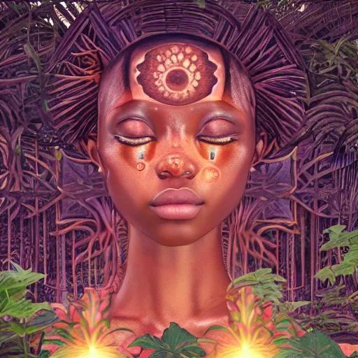 Image similar to symmetry!!, corpse of an african moon goddes deep inside a temple overgrown with vegetation, by casey weldon and chie yoshii and amanda sage, global illumination, radiant light, god rays, bokeh, digital illustration, cg society, unreal engine 5, ray tracing