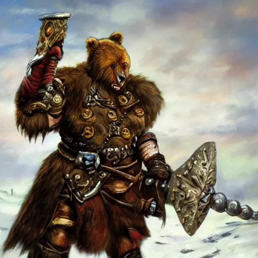 Image similar to a russian warrior who is wearing iron gauntlets in the shape of bear claws in the style of warhammer fantasy : : head and shoulders oil painting