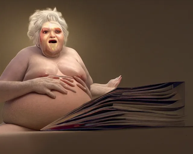 Image similar to of a very beautiful scene. ambient occlusion render. a sweet fat old woman is giving birth to a huge art book. hyper realistic. 4 k. wide angle. wild. symmetrical face, red mouth, blue eyes. deep focus, lovely scene. ambient occlusion render. concept art. unreal engine.