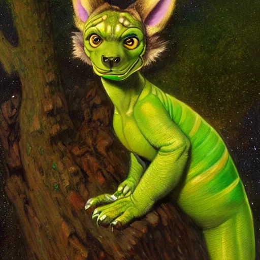 Image similar to a portrait of a male green reptile in star trek uniform at night in a dark forest. zootopia fursona furaffinity detailed face painting by gaston bussiere craig mullins jc leyendecker gustav klimt artgerm greg rutkowski