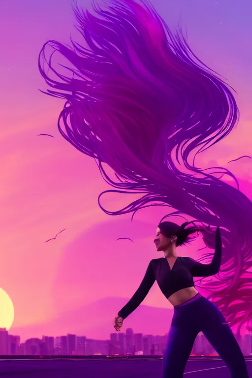 Prompt: a beautiful dancing woman with ombre purple pink hairstyle in a stunning GTA V loading screen, hair blowing in the wind, sunset mood, outrun, vaporware, retro, digital art, trending on artstation