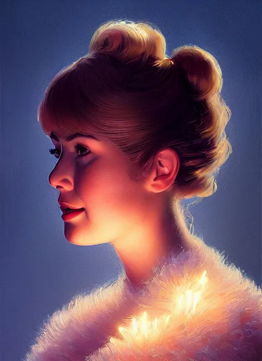 Image similar to portrait of betty cooper with fluffy bangs, bangs, 1 9 6 0 s, ponytail, curly bangs and ponytail, rounder face, intricate, elegant, glowing lights, highly detailed, digital painting, artstation, concept art, smooth, sharp focus, illustration, art by wlop, mars ravelo and greg rutkowski