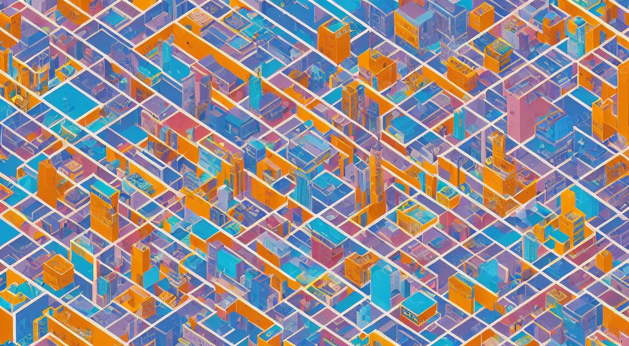 Prompt: isometric drawing of a fictional dense city, in style of charles williams, rem koolhaas, peter eisenman, warm color palette