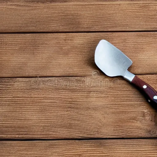 Prompt: a fork, a plate and a knife on a wooden table, top - down, stock photo