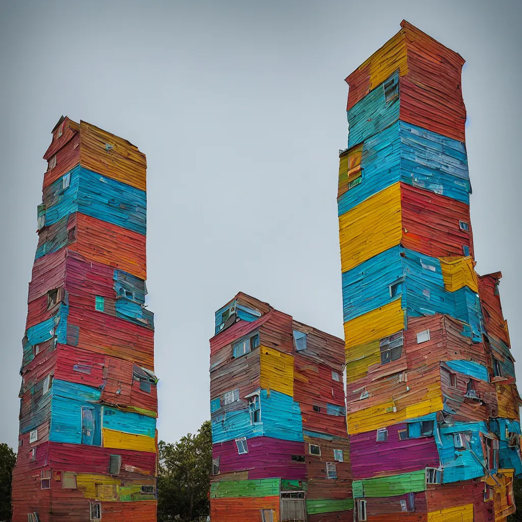 Image similar to two towers, made up of stacked makeshift squatter shacks with colourful facades, plain uniform sky at the back, misty, phase 1, f 1. 8, ultra sharp, very detailed, photographed by julie blackmon