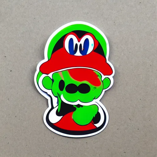 Image similar to die cut sticker, yoshi wearing mario's mustache, splatter paint