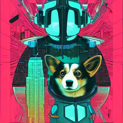 Prompt: cyberpunk corgi, sci - fi, dystopian, maximalist, extremely detailed illustration by kilian eng