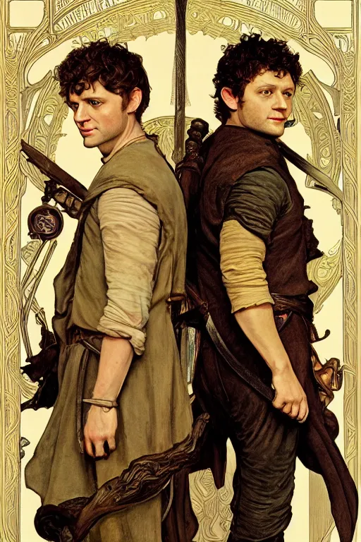Image similar to a detailed matte portrait of jensen ackles dressed as frodo baggins and misha collins as samwise gamgee, masterpiece, 8 k, art by alphonse mucha and greg rutkowski