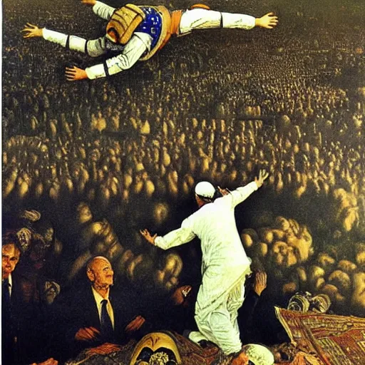 Prompt: benjamin netanyahu sky diving into mecca on hajj day, by gustave dore and norman rockwell