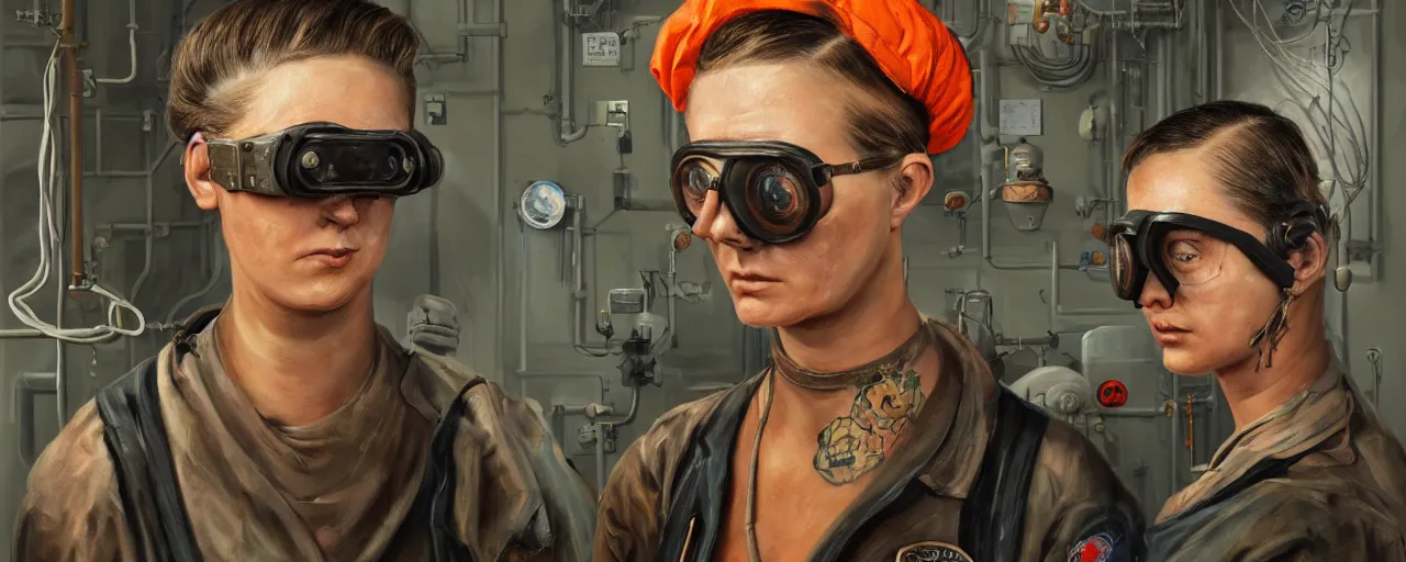 Image similar to oil painting, character concept art 3 / 4 portrait of tattooed stoic heroic emotionless butch blonde woman engineer with short slicked - back hair, wearing dark victorian goggles, wearing orange bandana around neck, working inside reactor room, awkward and uncomfortable and anxious, dirty, ron cobb. industrial space program, scifi, hyper detailed. octane render. trending on artstation