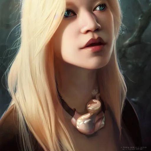 Image similar to A masterpiece portrait of a A albino Asian blonde girl with large nose ring and obsidian in her forehead. Goddess of matrix. trending on artstation, digital art, by Stanley Artgerm Lau, WLOP, Rossdraws, James Jean, Andrei Riabovitchev, Marc Simonetti, Yoshitaka Amano