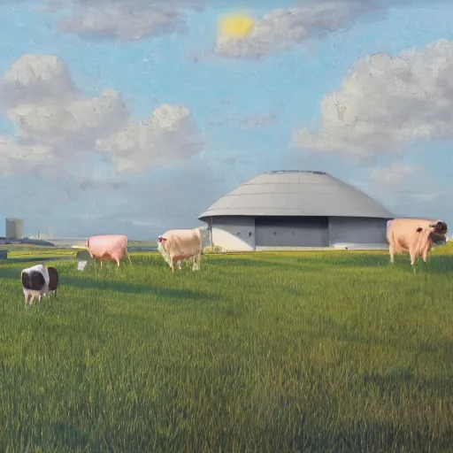 Image similar to exterior view of modern futuristic farm barn architecture, silo, feed troughs, cows, pigs, chickens, detailed luminescent oil painting 4 k