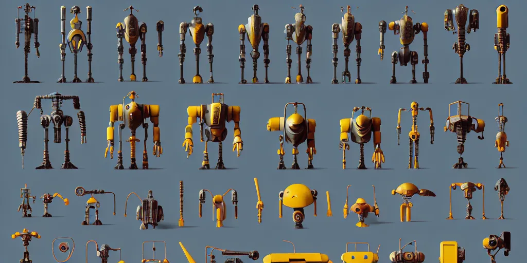 Image similar to collection of exploration of form and shapes, moebius, robot arms, props, hard surface, panel, simon stalenhag, kitbash, items, gadget, big medium small, close up, robots, futuristic, parts, machinery, greebles, insanely detailed, case, hardware, golden ratio, wes anderson color scheme, in watercolor gouache detailed paintings, sleek design