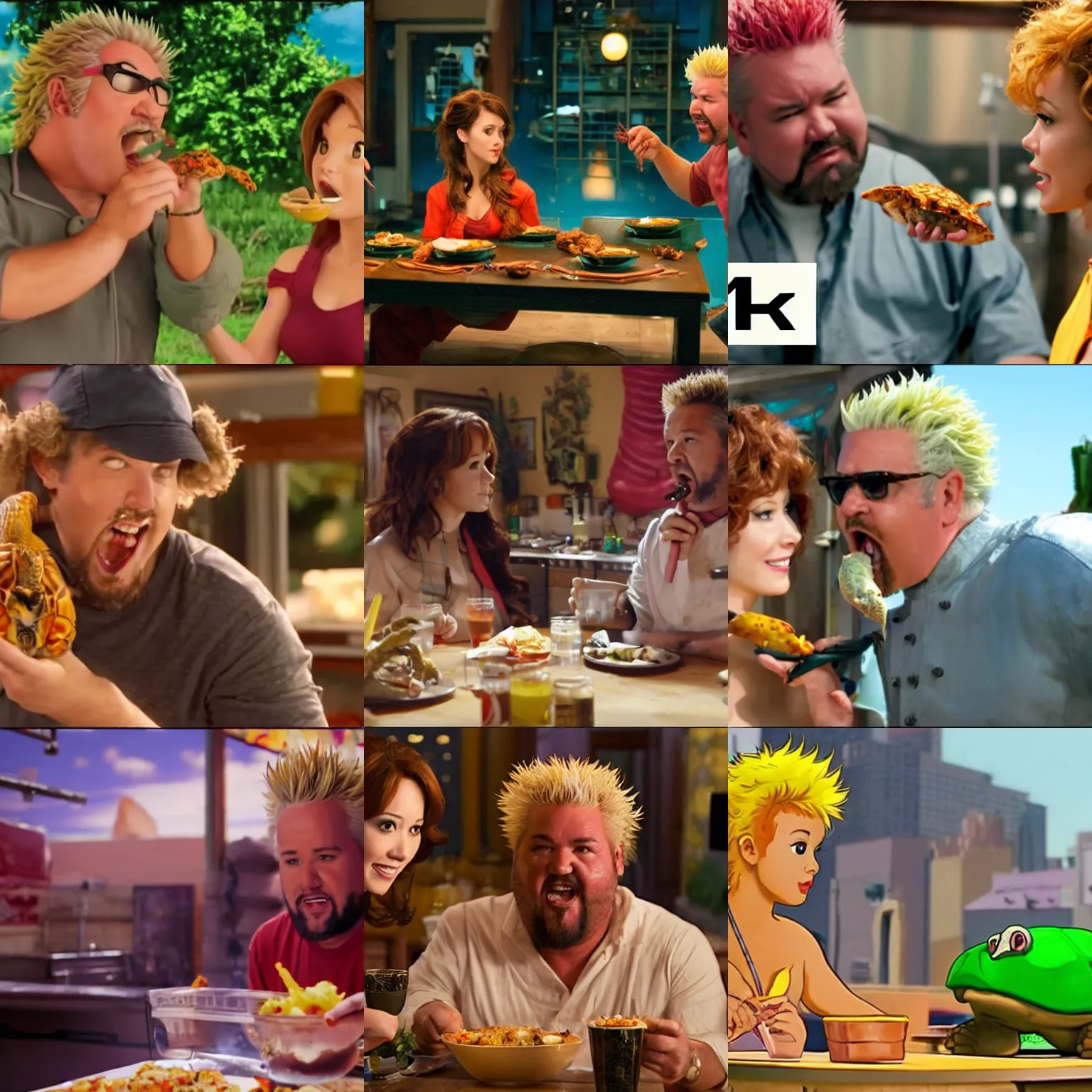 Prompt: a screen from the movie with April O\'Neil (starring Guy Fieri) eating a turtle, award-winning cinematography, 4k