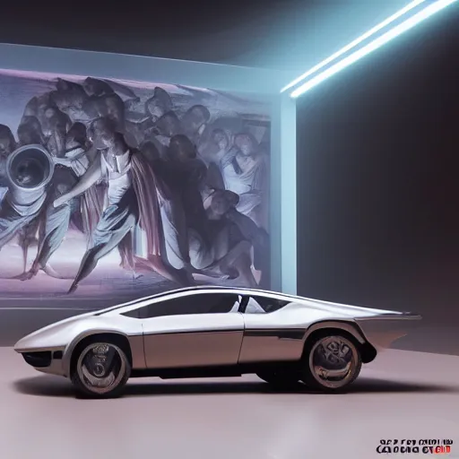 Image similar to full lenght sci-fi cars in the coronation of napoleon painting by Jacques-Louis David in the blade runner 2049 film and point cloud in the middle and everything in form of zaha hadid architects artwork by caravaggio unreal engine 5 keyshot octane lighting ultra high detail ultra hyper realism 8k 16k in plastic dark tilt shift full-length view