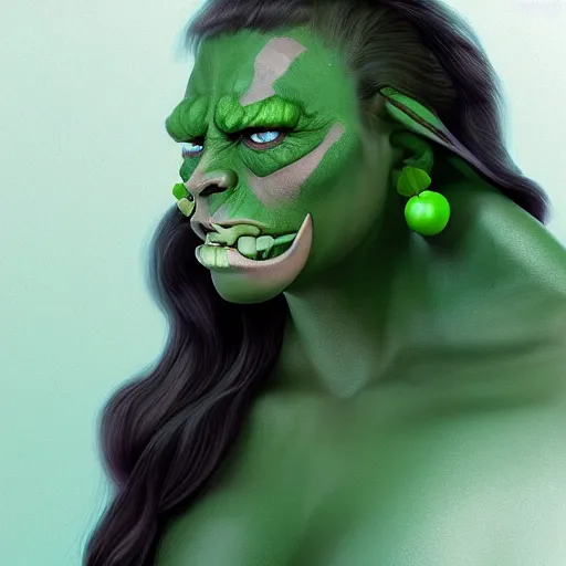 Prompt: character portrait of a green orc female, light green tone beautiful face by hsiao - ron cheng
