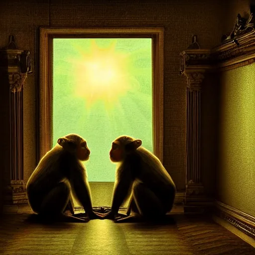 Image similar to two macaques looking at each other inside victorian mansion, digital art, soft shadows, creepy art, sun flare