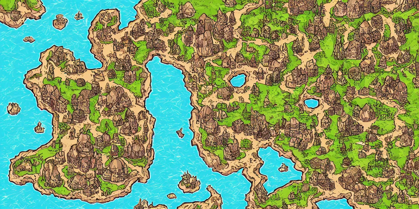 a rpg map with regions in separated colors surrounded