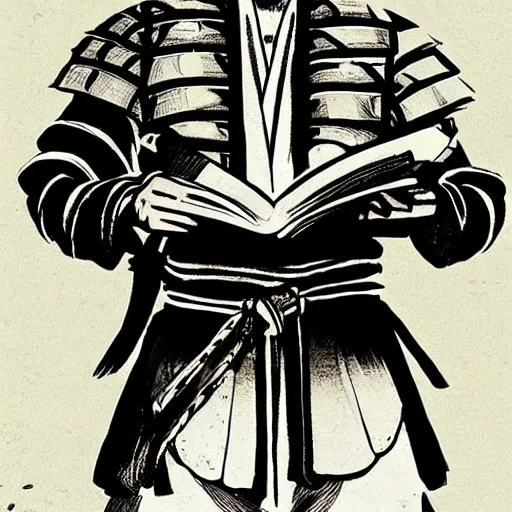 Prompt: a samurai reading a book, comicbook art masterpiece by denys cowan, realistic faces and anatomy