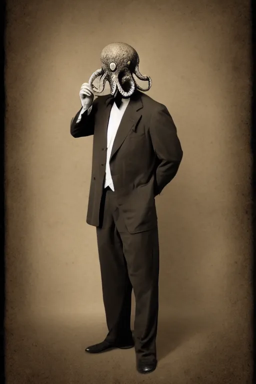 Prompt: octopus headed man, vintage full body portrait of an octopus headed man in a suit, sepia