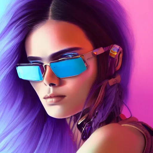 Prompt: closeup painting of a very beautiful young mexican cyberpunk woman wearing light blue slatted shades, one side haircut, long brown hair with light blue ends, purple leather jacket, portrait, hyperdetailed, artstation, cgsociety, 8 k, synthwave image
