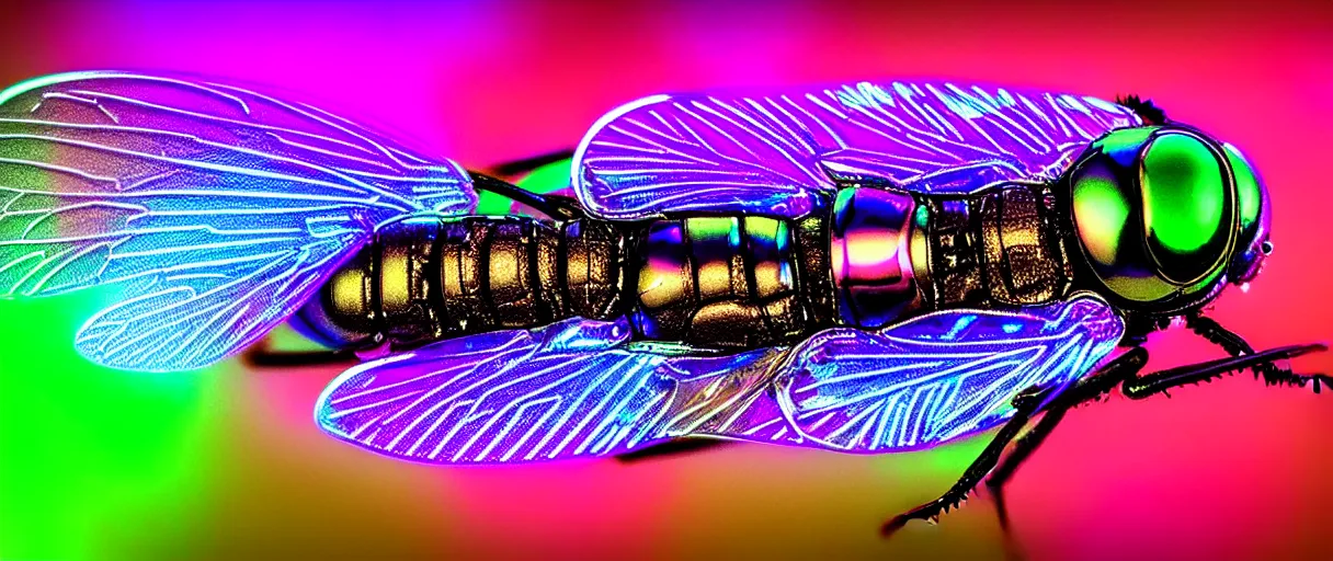 Image similar to high quality macro photo iridescent cyborg fly! jeweled very beautiful! highly detailed digital art david ligare elson peter cinematic purple neon lighting high quality low angle hd 8k sharp shallow depth of field