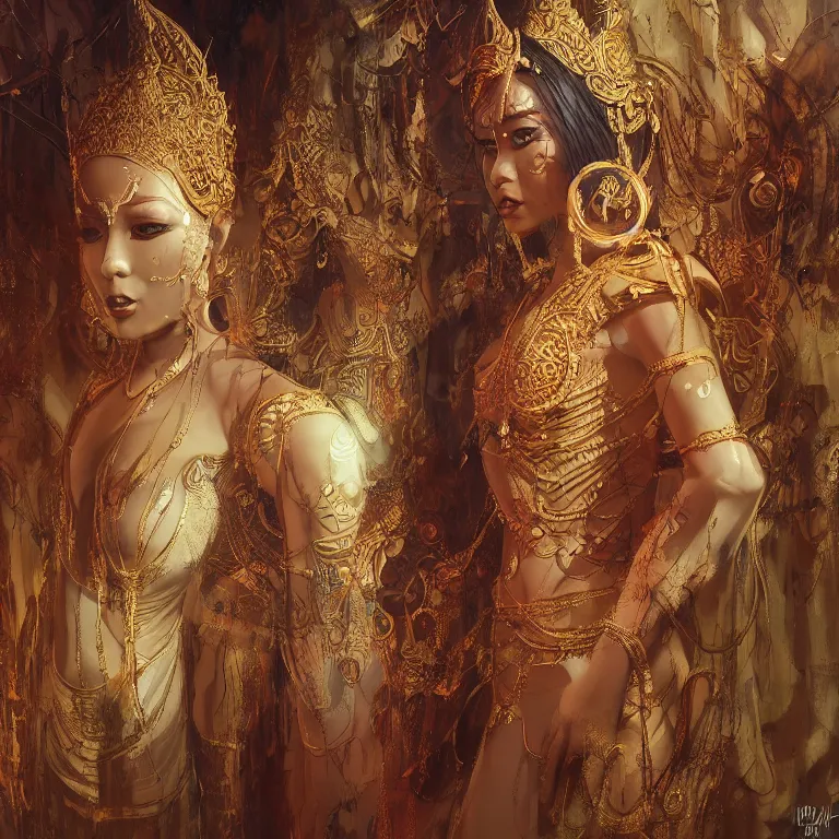 Image similar to intricate drawing of a female deity, cambodian fashion, cyberpunk ornaments, thin strands, porcelain skin, greg rutkowski, james gurney, john berkey, hyperrealistic, backlit