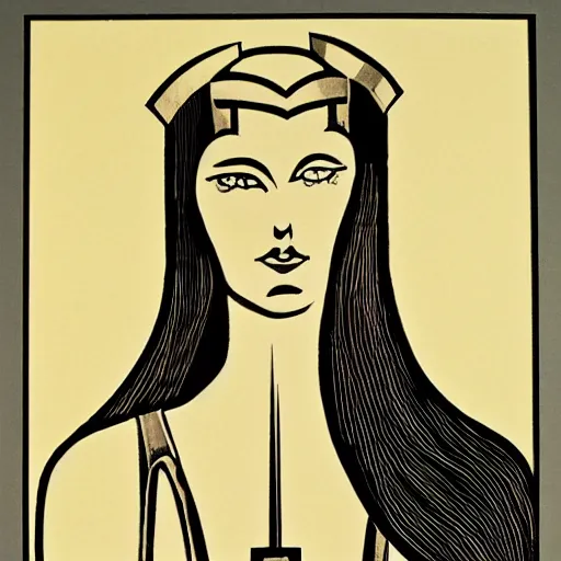 Prompt: Boudicca, art deco, lithograph