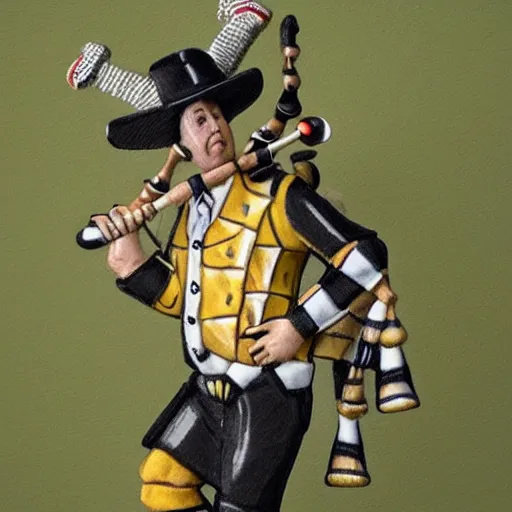 Image similar to a yellowjacket hornet playing bagpipes on a golf course, realistic, hyper realistic, intricate