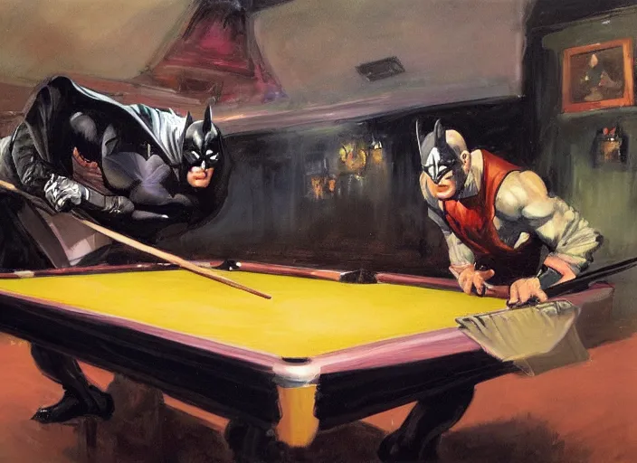 Image similar to a highly detailed beautiful portrait of batman playing pool, by gregory manchess, james gurney, james jean