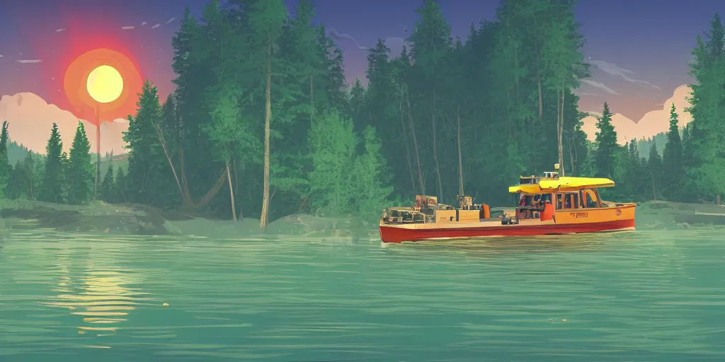 Image similar to An illustration in the style of Firewatch featuring a river surrounded by forest and fields. A boat is slowly moving through the water