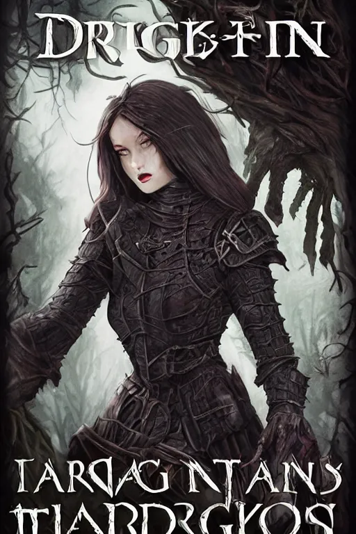 Image similar to dramatic dark forest scenery, girl with fangs in hide leather armor, D&D book-cover