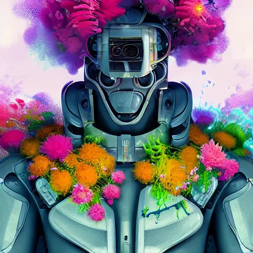 Prompt: closeup,!! underwater digital painting of a robot wearing a suit made of flowers, cyberpunk portrait by filip hodas, cgsociety, panfuturism, abstract expressionism, scribbles, made of flowers, dystopian art, vaporwave