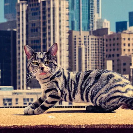 Prompt: an American Shorthair stretch on the rooftop of a metropolis, cinematic