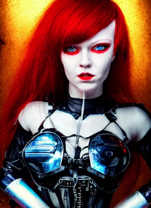 Image similar to a full body beautiful woman with red hair and blue eyes, wearing a cyberpunk outfit by hr giger, artgerm, sakimichan, weapons, electronics, high tech, cyber wear, latex dress, bandage, concept art, fantasy, cyberpunk