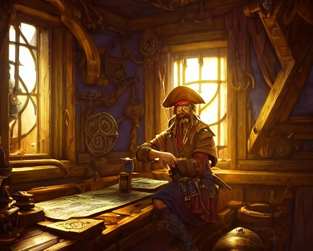 Image similar to an old pirate writing on a treasure map, light coming through window, golden hour, interior, ship, nautical, deep focus, d & d, fantasy, intricate, elegant, highly detailed, digital painting, artstation, concept art, matte, sharp focus, illustration, hearthstone, art by artgerm and greg rutkowski and alphonse mucha