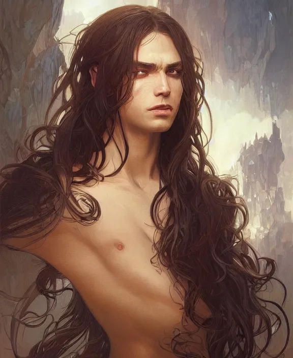 Image similar to portrait close up of guy, concentrated look, symmetry, long hair. d & d, fantasy, intricate, elegant, highly detailed, digital painting, artstation, concept art, art by artgerm and greg rutkowski and alphonse mucha, boris vallejo