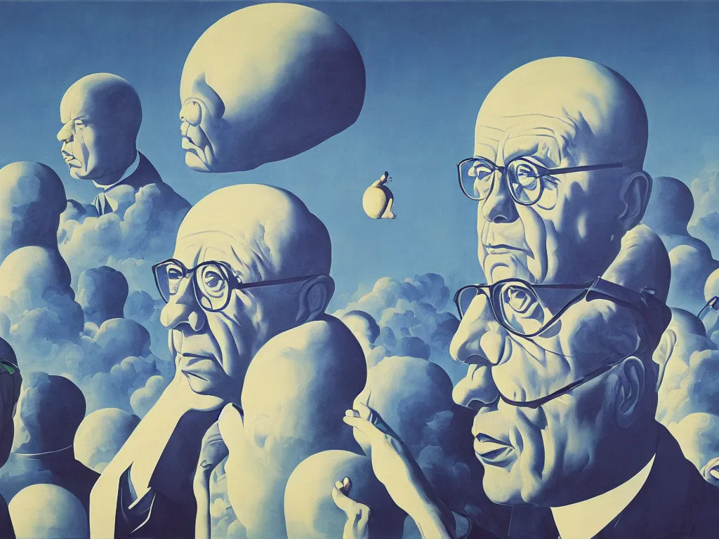 Image similar to the giant head of stanislaw lem is hovering above the futurological congress, painted by james jean and rene magritte