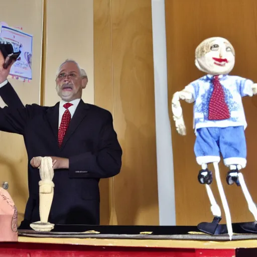 Image similar to president marionette with puppeteer in a podium giving a press conference