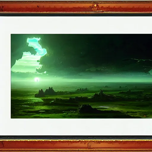 Image similar to a green gas planet, wide screen, landscape, by greg rutkowski