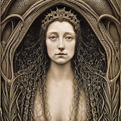 Image similar to detailed realistic beautiful young medieval queen face portrait by jean delville, gustave dore, iris van herpen and marco mazzoni, art forms of nature by ernst haeckel, art nouveau, symbolist, visionary, gothic, neo - gothic, pre - raphaelite, fractal lace, ai biodiversity, surreality, horizontal symmetry, intricate hyper detailed ultra sharp octane render