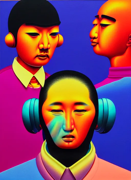 Prompt: men listening to music by shusei nagaoka, kaws, david rudnick, airbrush on canvas, pastell colours, cell shaded, 8 k