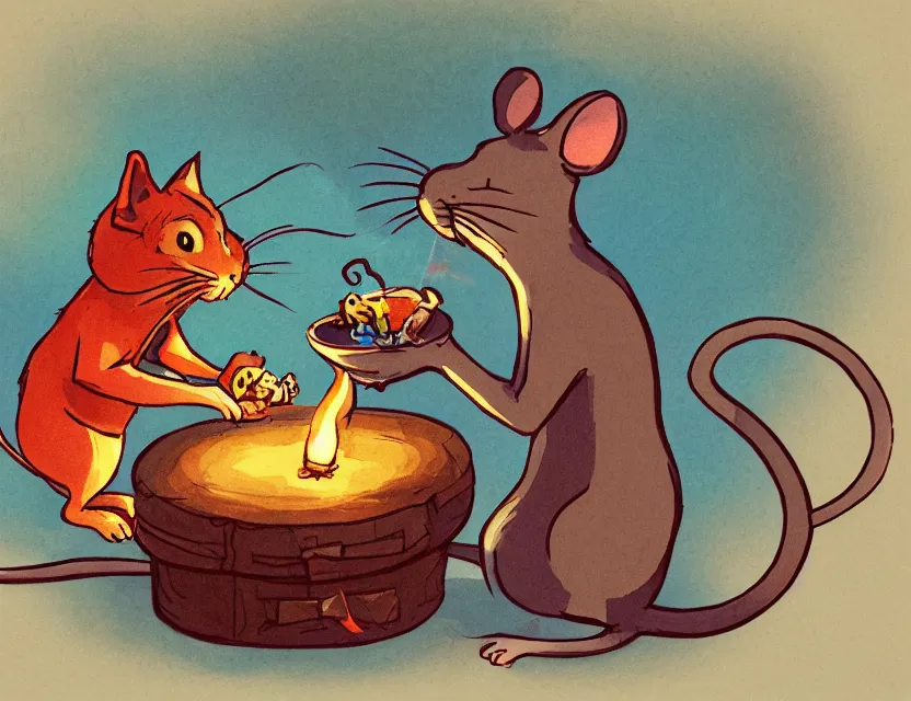 Image similar to adventurer mouse smoking a joint with the cat, cat has big red eyes, tired look. complementary colors, gouache, indie concept art, bloom, chiaroscuro, backlighting, intricate details.