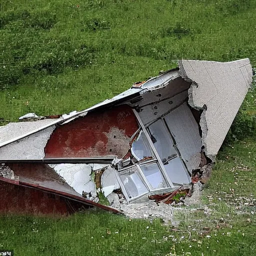 Image similar to a large funnel formed on the territory of an old village house in Russia as a result of a rocket hit where people gathered to photograph it