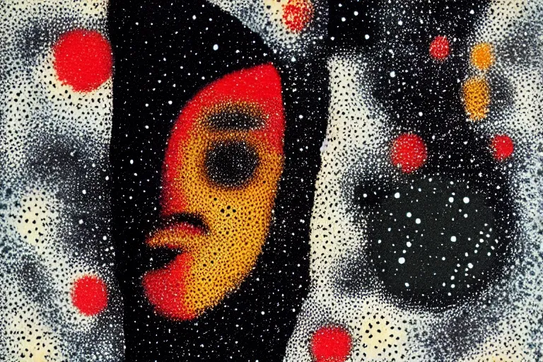 Image similar to face made out of planet, faceless people dark, dots, drip, stipple, pointillism, technical, abstract, minimal, style of francis bacon, asymmetry, pulled apart, cloak, hooded figure