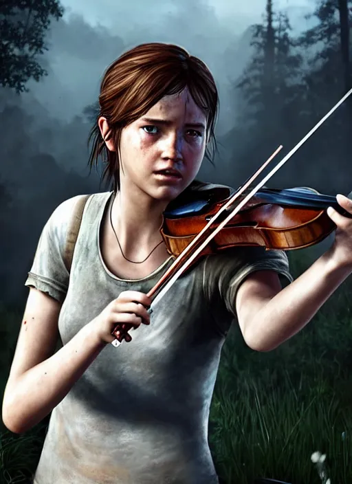 Image similar to ellie from the last of us in a white dress playing the violin on stage. hyperrealistic oil painting, 4k, very detailed faces, art station