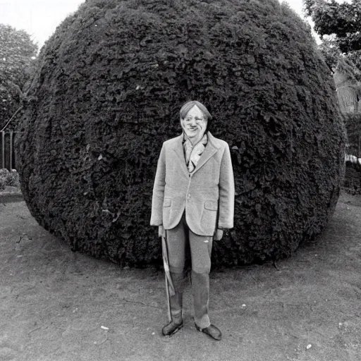 Image similar to a man stands next to the world's largest plum pudding in front of a suburban english house in the year 1 9 7 9