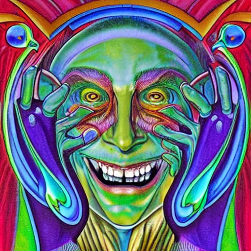 Prompt: Alex Grey artwork of a scheming jester offering a card